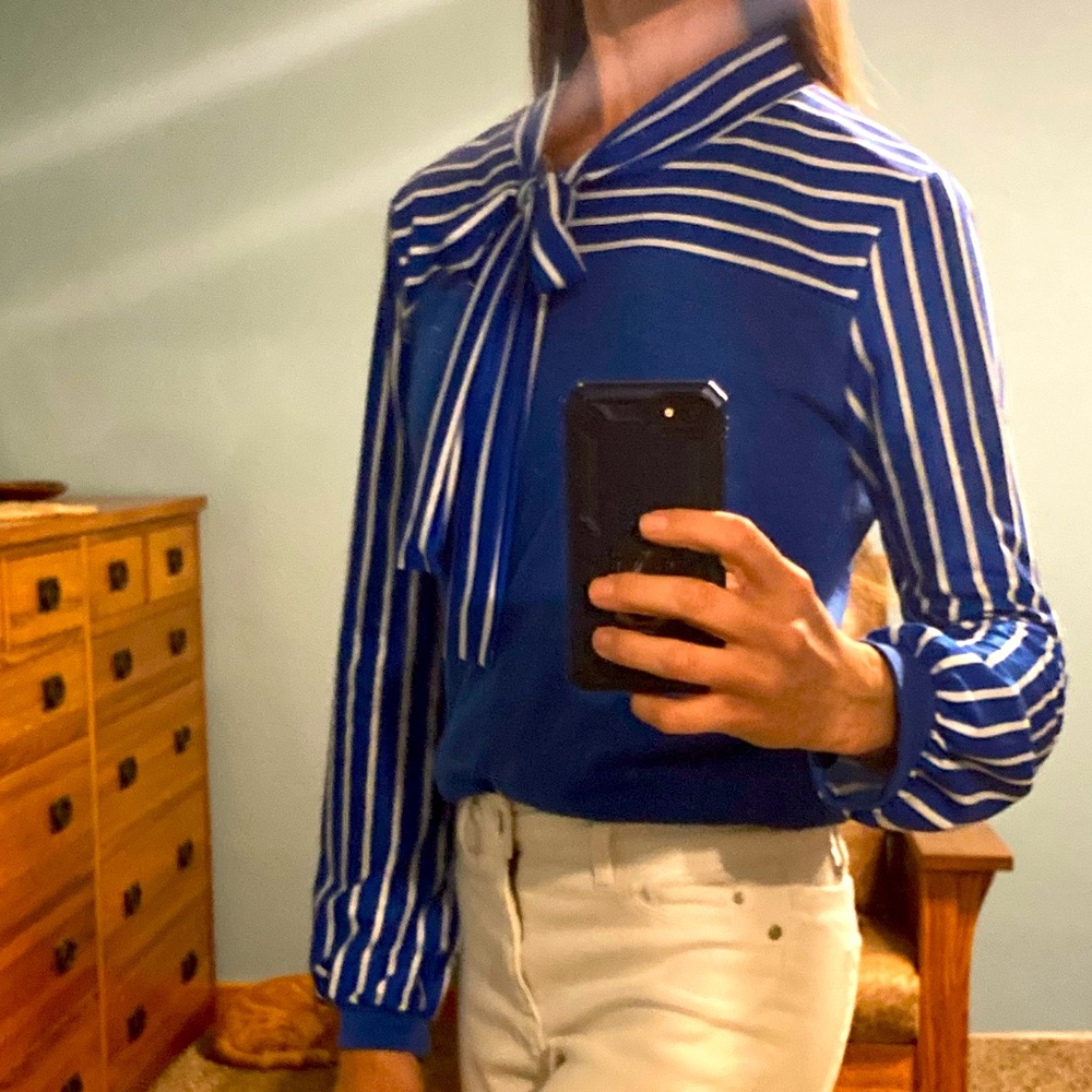 NWOT royal blue blouse w/ neck bow tie accent size s